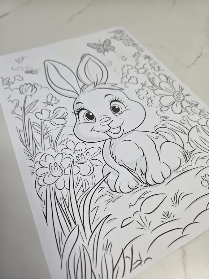 Omalovánka s ilustrací roztomilého králíčka v květinách – grafický design