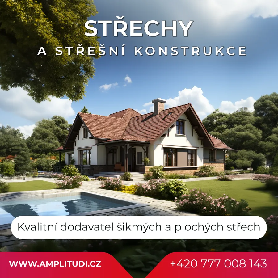 Reklamní banner na střechy a střešní konstrukce Amplitudi s rodinným domem