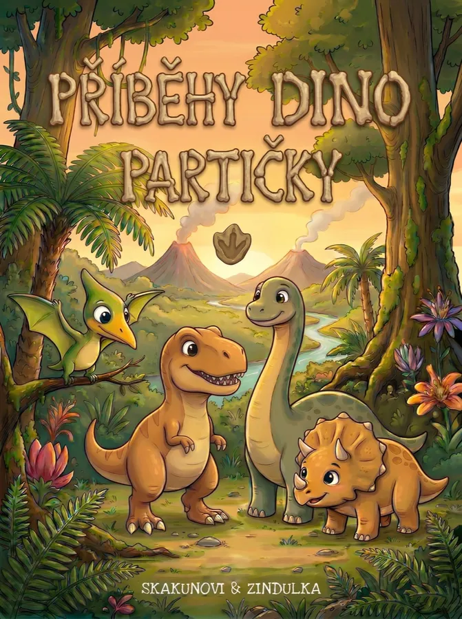 Obálka dětské knihy Příběhy Dino partičky s kreslenými dinosaury