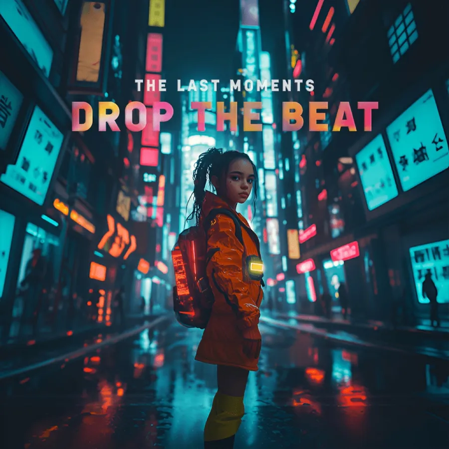 Postava v oranžové bundě v neonové cyberpunkové ulici – cover Drop the Beat