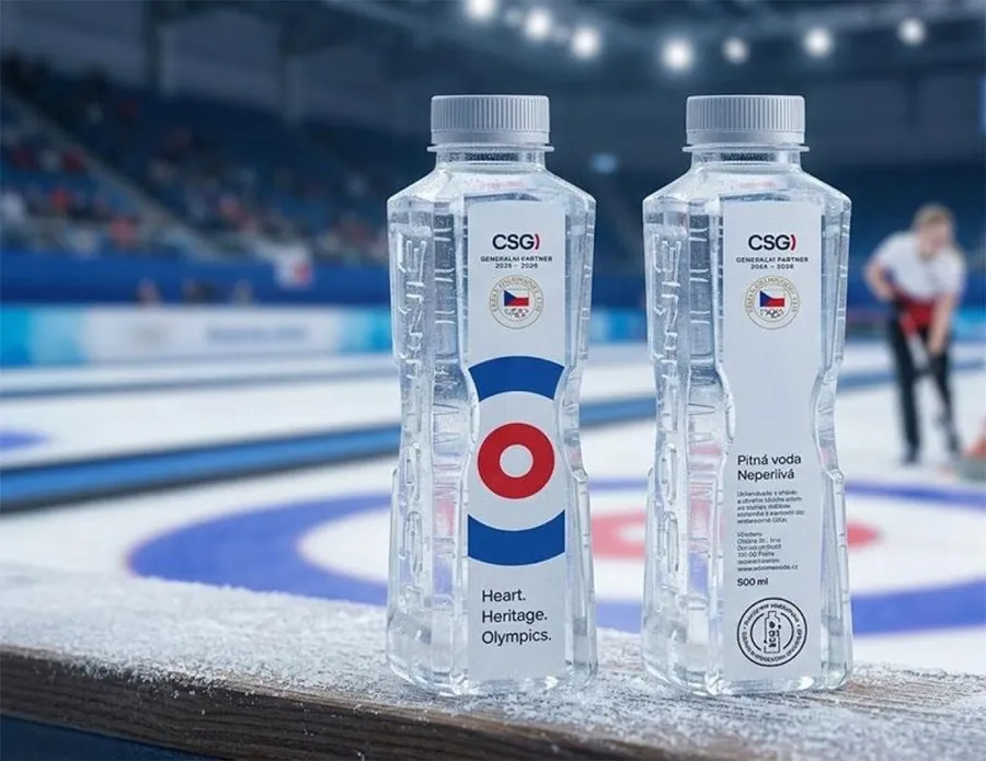 Reklamní lahve s logem CSGI na curlingovém hřišti
