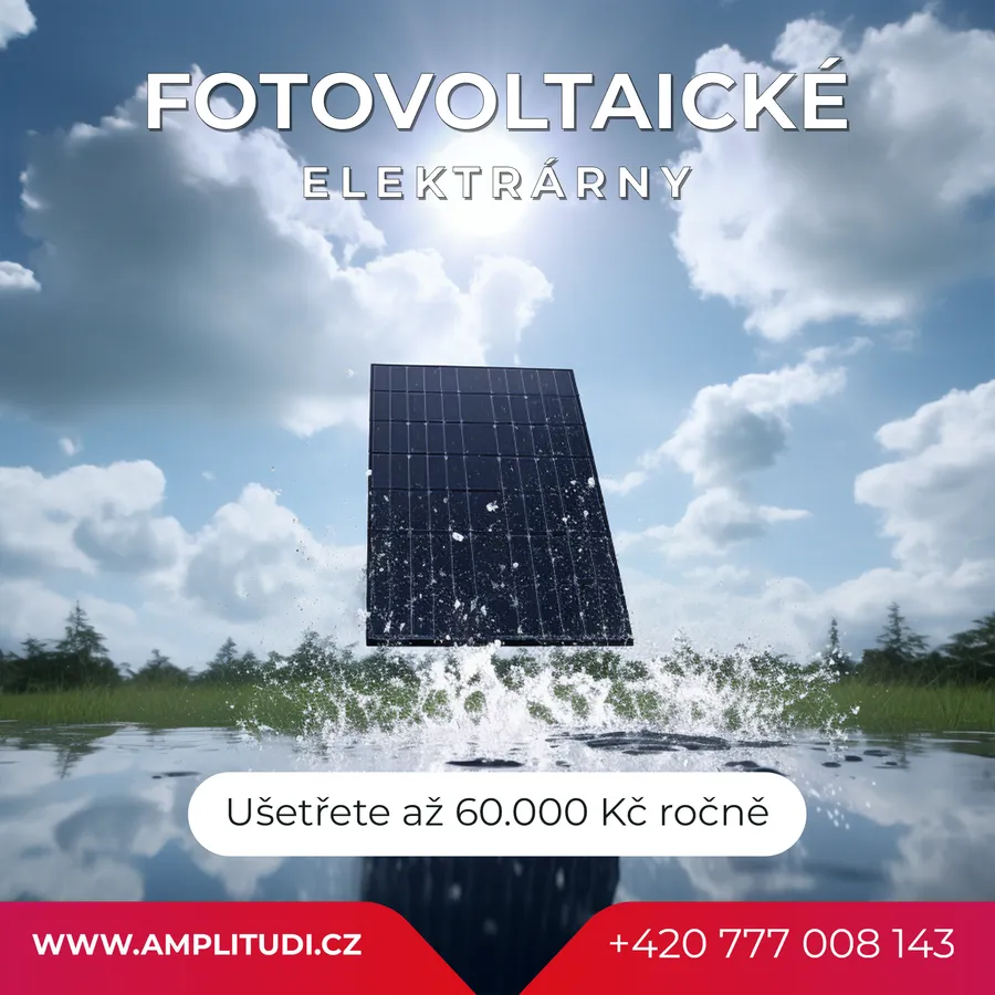Reklamní banner na fotovoltaické elektrárny Amplitudi – úspora až 60 000 Kč ročně
