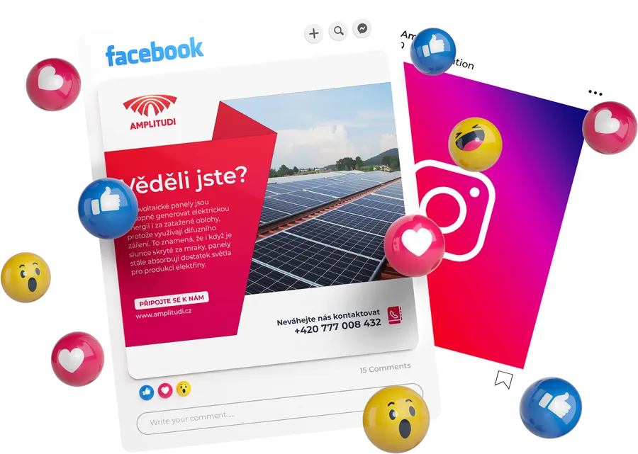 Grafika pro sociální sítě s ukázkami příspěvků na Facebooku a Instagramu