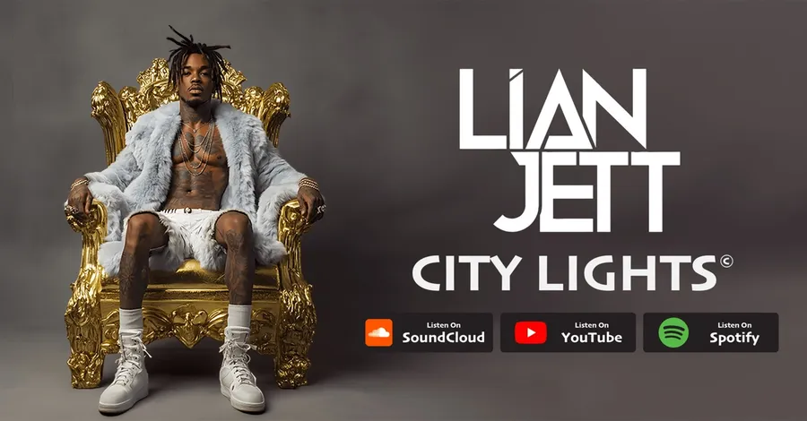 Banner singlu Lian Jett – City Lights s mužem na zlatém trůnu