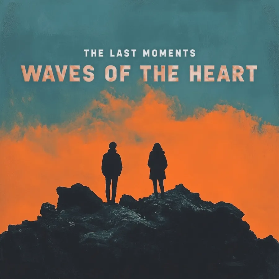 Dvě siluety na skále proti oranžové obloze – cover Waves of the Heart
