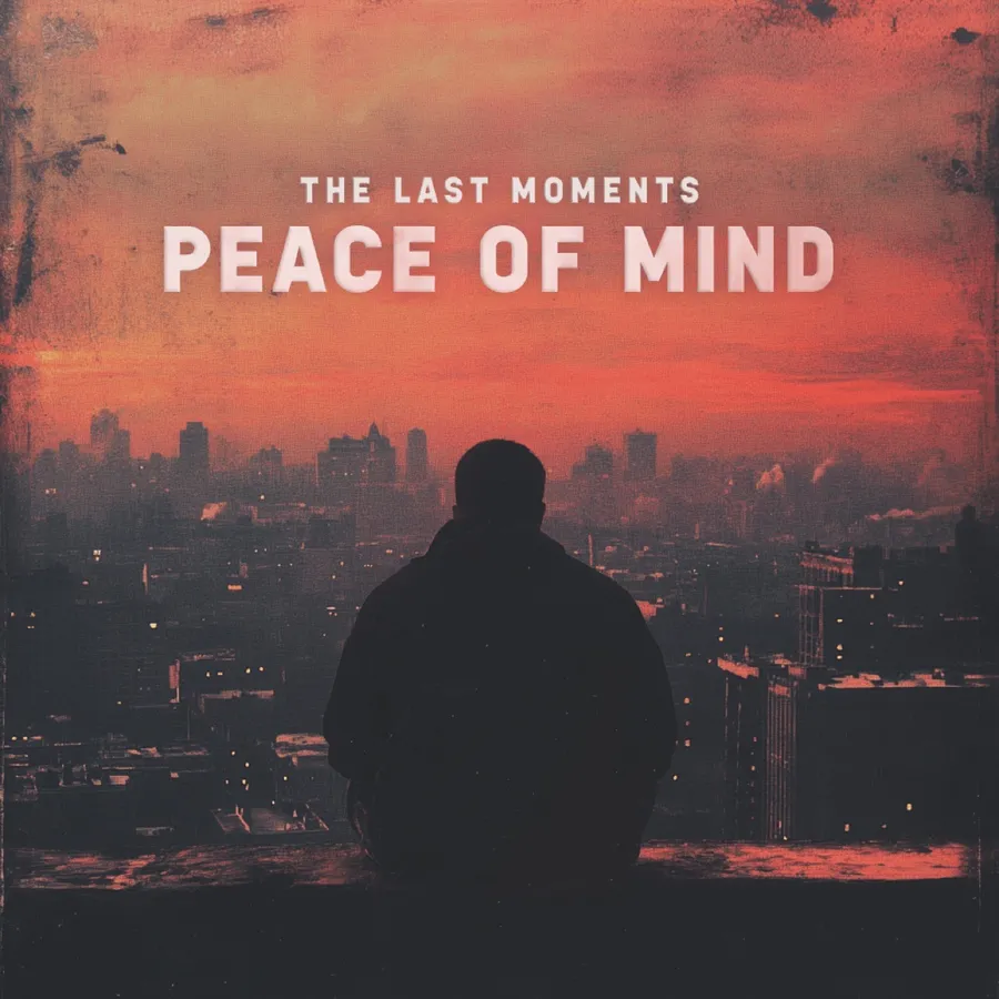 Silueta člověka nad městem při západu slunce – cover Peace of Mind